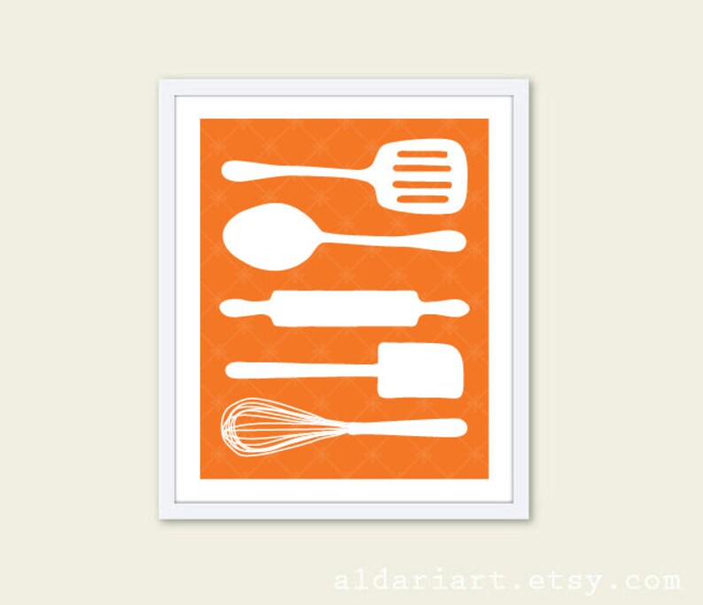 Cooking Utensils Digital Print Kitchen Wall Art Tangerine Etsy