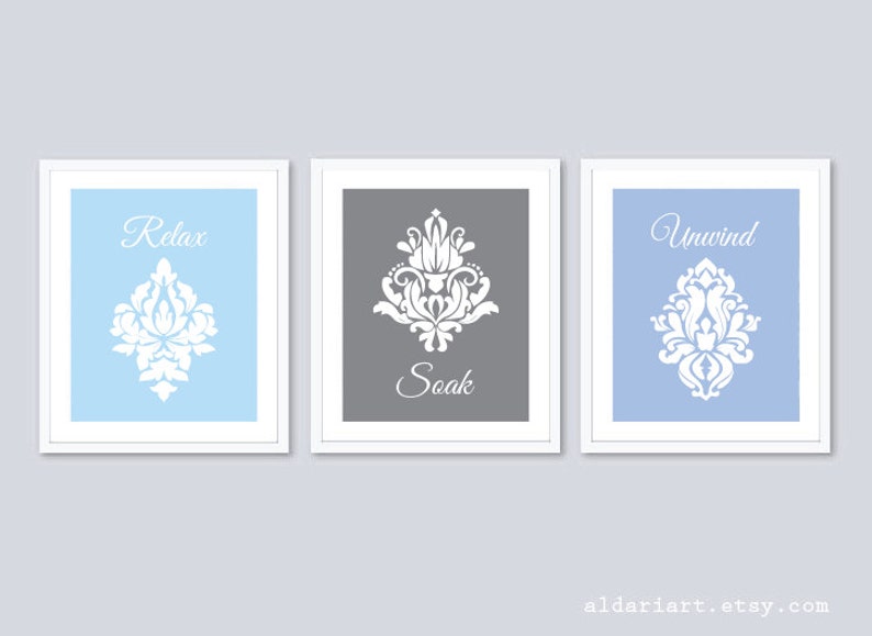 Bathroom Prints Bathroom Wall Art Relax Soak Unwind Prints Bathroom Decor Bathroom Artwork Damask Prints Bathroom Rules Set of 3