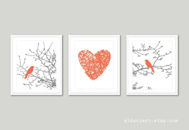 Gray and Coral Set of 3 Wall Art Modern Decor Aldari Art Birds on Branches Prints Birds on Magnolia Tree Branches and Heart Prints