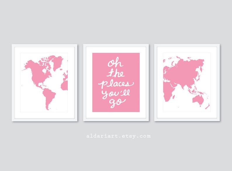 CHOOSE YOUR COLORS Oh The Places You/'ll Go Quote -Shown in Aqua Blue color Set of 3 Prints World Map Travel Nursery Art Prints