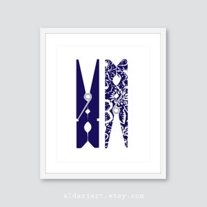 Clothespins Art Print - Laundry Room Wall Art  - Navy Blue Laundry Room Decor - Modern Decor - CHOOSE YOUR COLOR