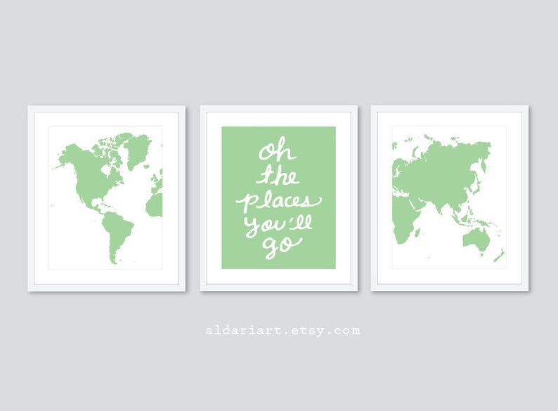 CHOOSE YOUR COLORS Oh The Places You/'ll Go Quote -Shown in Aqua Blue color Set of 3 Prints World Map Travel Nursery Art Prints