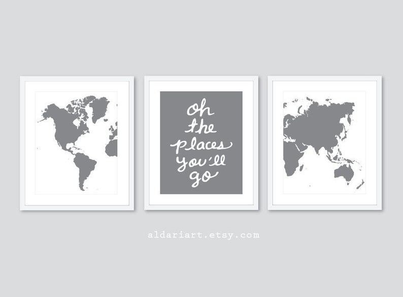 CHOOSE YOUR COLORS Oh The Places You/'ll Go Quote -Shown in Aqua Blue color Set of 3 Prints World Map Travel Nursery Art Prints