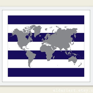 World Map Art Print - Affiche de carte du monde - Nursery Map Wall Art - Grey Map Navy Blue Stripes - Nursery Map Decor - Modern Map - Preppy Decor