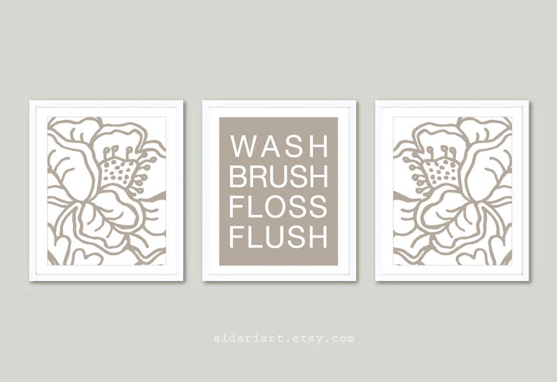 custom color Bathroom Wall Art Prints Floral Bathroom Prints Bathroom Decor wash brush flush fosses flush Bathroom Prints Set of 3