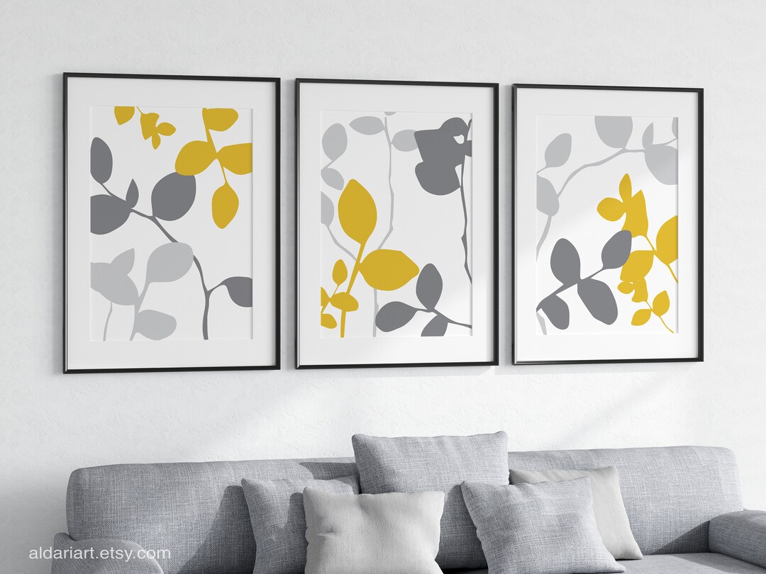 Eucalyptus Prints, Abstract Botanical Wall Prints Mustard Yellow and ...