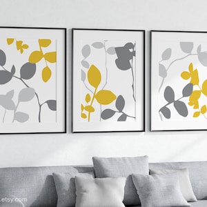 Eucalyptus prints, abstract botanical wall prints mustard yellow and grey wall art, Set of three prints, plant prints, minimalist wall art