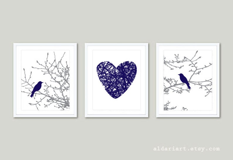 Gray and Coral Set of 3 Wall Art Modern Decor Aldari Art Birds on Branches Prints Birds on Magnolia Tree Branches and Heart Prints