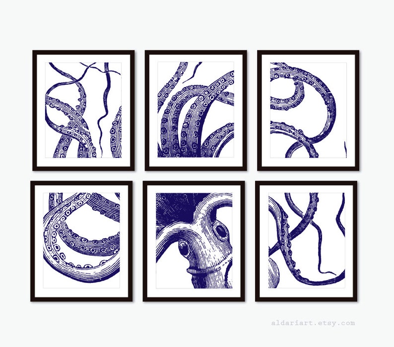 Octopus Art Set of 6 unframed prints Nautical Decor Octopus Wall Art Octopus Prints Nautical Wall Art