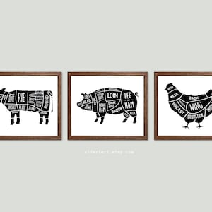 Butcher print, meat cuts kitchen wall art print, black and white prints, Butcher diagram chart poster, set of 3 prints CHOOSE YOUR COLOR