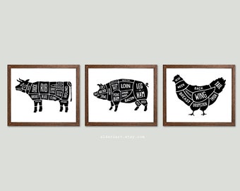 Butcher print, meat cuts kitchen wall art print, black and white prints, Butcher diagram chart poster, set of 3 prints CHOOSE YOUR COLOR