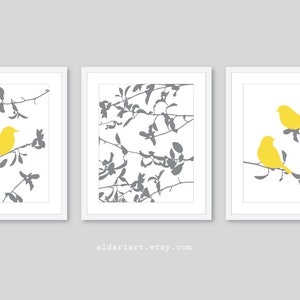 Birds on Tree Art Prints, Set of 3 prints, modern birds grey and yellow decor, bedroom wall decor, bathroom wall decor, CHOOSE YOUR COLORS