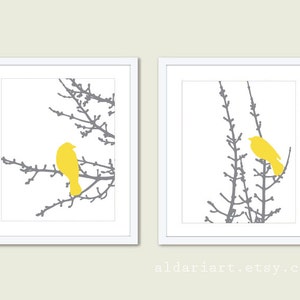 Birds on Branches Art Print Set - Yellow and Grey - Modern Bird Wall Art - Woodland - Bird on Twig Decor