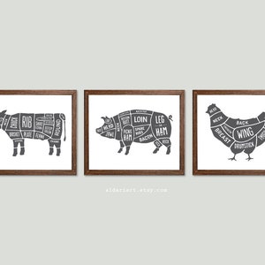 Butcher print, butcher meat cuts kitchen wall art print, butcher cuts chart, Butcher diagram chart poster, set of 3 prints CHOOSE YOUR COLOR