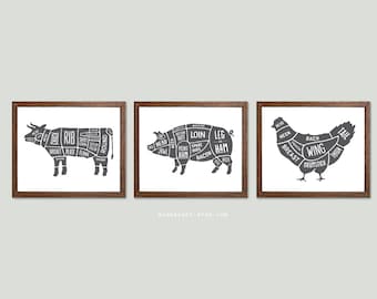 Butcher print, butcher meat cuts kitchen wall art print, butcher cuts chart, Butcher diagram chart poster, set of 3 prints CHOOSE YOUR COLOR