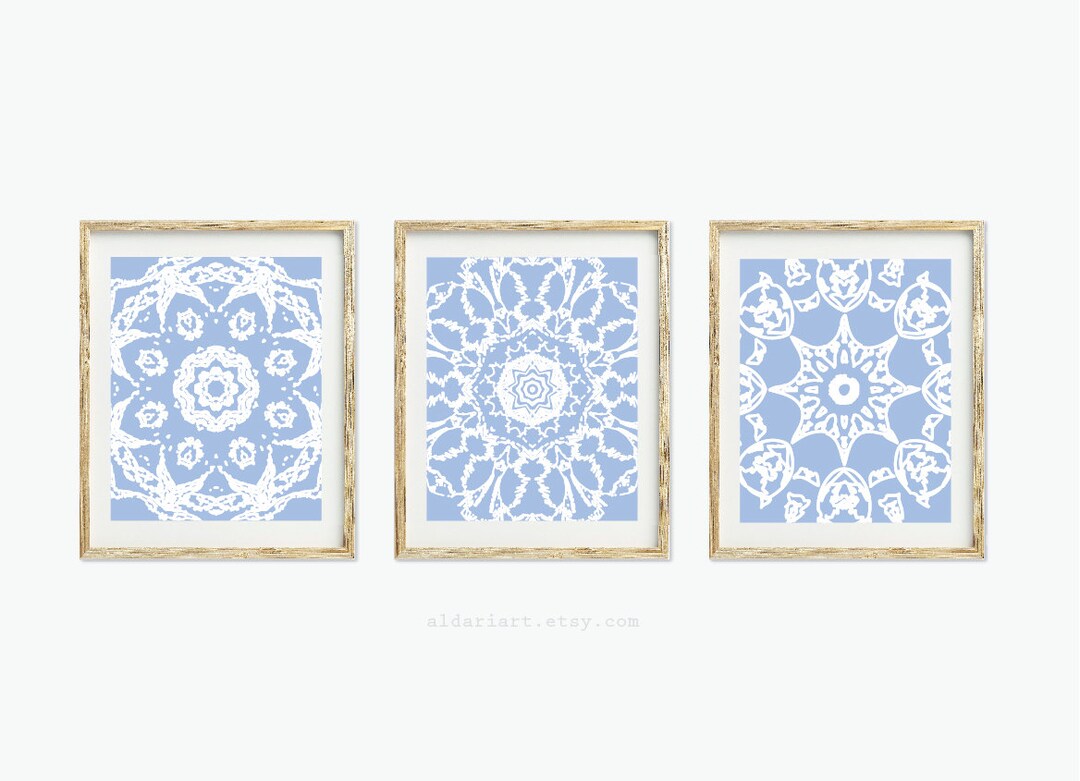 Mandala Prints, Mandala Wall Art, Set of 3, Blue and White, Mandala ...