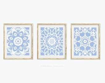 Mandala prints, mandala wall art, set of 3, blue and white, mandala decor, modern art prints, bedroom wall art, CHOOSE YOUR COLOR