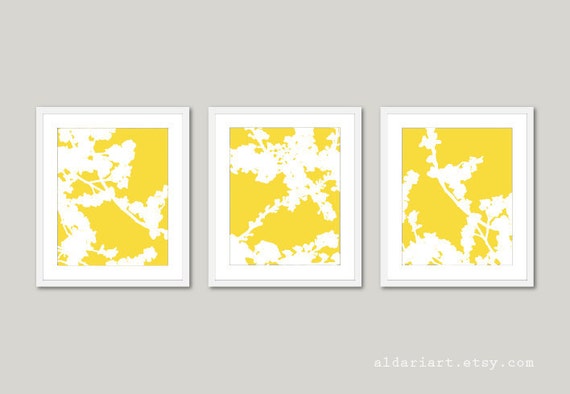 Cherry Blossoms Art Prints, Floral Wall Art, Flower Art Prints, Set of 3, Yellow and White Flowers Decor, Sakura Wall Art, Spring Home Decor