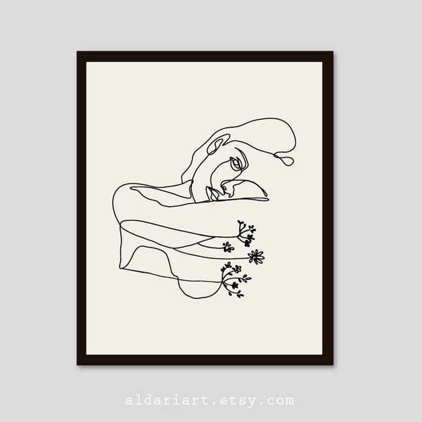 Abstract line art, Minimal Face Line Drawing, Modern Wall Art, Abstract Woman and flowers Line Drawing, Female portrait art