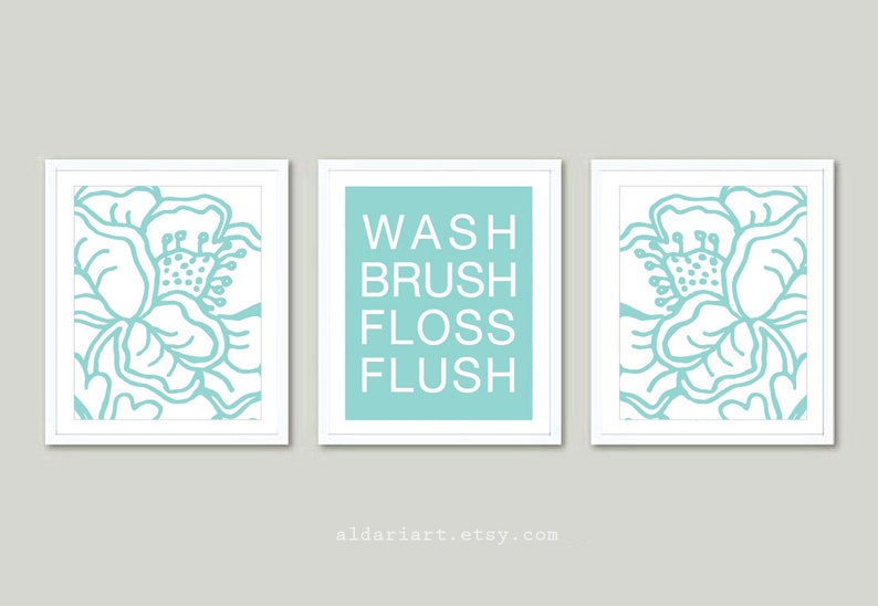custom color Bathroom Wall Art Prints Floral Bathroom Prints Bathroom Decor wash brush flush fosses flush Bathroom Prints Set of 3