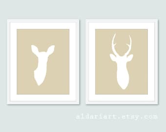 Deer Antlers Art Prints Set - Doe and Dee Wall Art - Woodland Wall Decor - Tan Color - CHOOSE YOUR COLOR