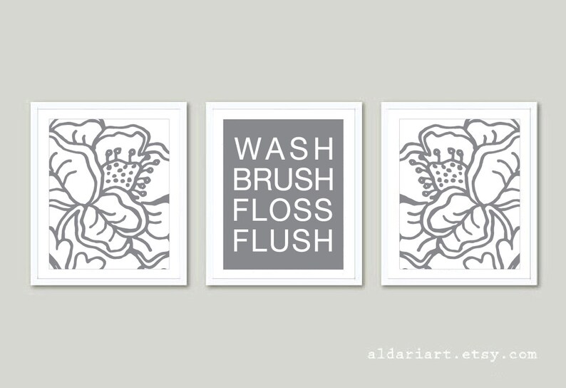 custom color Bathroom Wall Art Prints Floral Bathroom Prints Bathroom Decor wash brush flush fosses flush Bathroom Prints Set of 3