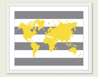 World Map Art Print - Map Wall Art -Baby Nursery Wall Art -  Yellow and Grey Nursery Wall Art Decor