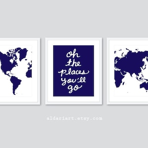 World Map Travel Nursery Art Prints - Ensemble de 3 estampes - Oh The Places You’ll Go Quote - Modern Nursery Decor - Navy Blue