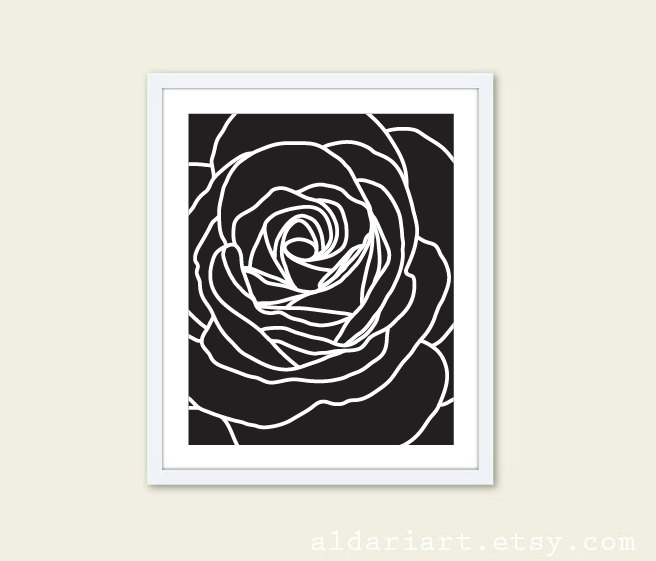 Rose Modern Flower Art Print - Black and White Contemporary Flower Wall ...