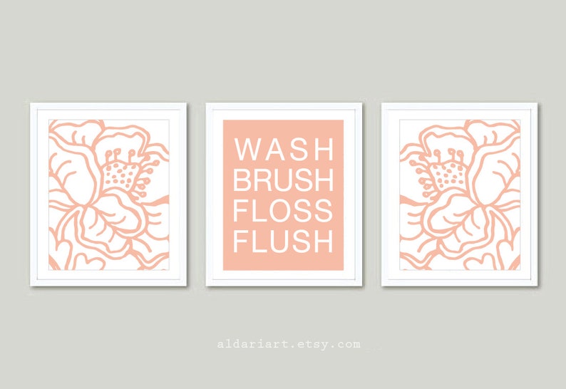 custom color Bathroom Wall Art Prints Floral Bathroom Prints Bathroom Decor wash brush flush fosses flush Bathroom Prints Set of 3