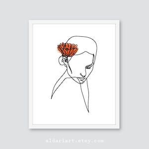 Dessin au trait abstrait, Dessin au trait minimal du visage, Impression noir et blanc, Femme abstraite avec fleur dans le dessin au trait des cheveux, CHOISISSEZ LA COULEUR DE LA FLEUR