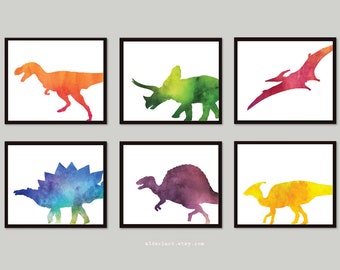 Dinosaurios pared arte impresiones, dinosaurios viveros impresiones, conjunto de seis impresiones de dinosaurios, niño vivero decoración niño dormitorio pared arte moderno dinosaurio decoración