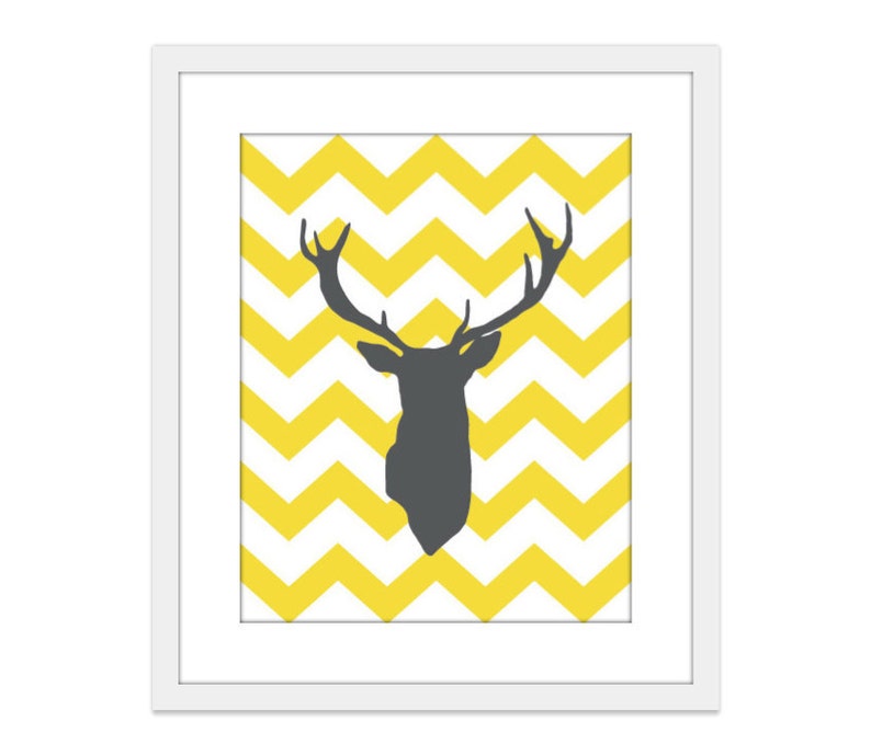 Deer Art Print  Deer Antlers Wall Art  Yellow Chevron Print image 0