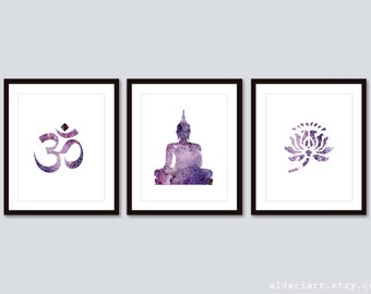 Namaste Art Prints - Yoga Wal Art - Set of 3 Prints - Om Print Lotus Flower Print Buddha Print - Purple Zen Art - Yoga Studio Wall Art