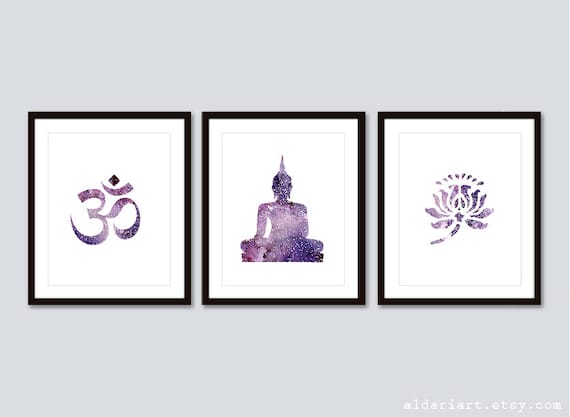 Namaste Art Prints - Yoga Wal Art - Set of 3 Prints - Om Print Lotus Flower Print Buddha Print - Purple Zen Art - Yoga Studio Wall Art