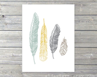 Plumas arte impresión - Boho ethnic Tribal Decoracor - Sage Green Mustard amarillo pizarra gris luz taupe