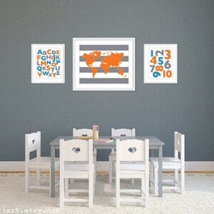 Playroom World Map Abc 123 Art Prints - Blue Orange Grey - Alphabet and Numbers Art Prints - Playroom Wall Art