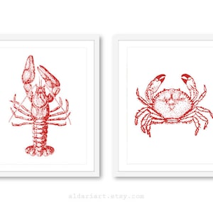 Lobster and Crab Prints - Lobster Print - Crab Print - Vintage Nautical Wall Art - Red Nautical Art - Kitchen Wall Art - Aldari Art