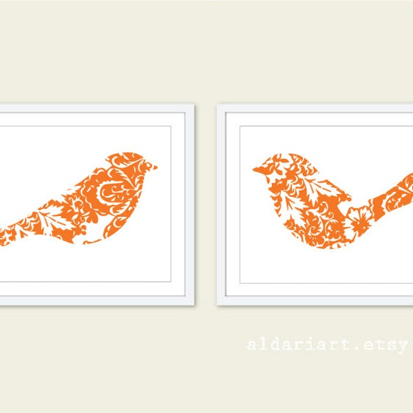 Birds Art Prints - Birds Wall Art - Orange bird Prints - Set of 2 - modern bird art - floral bird print - CHOOSE YOUR COLORS