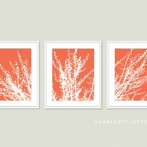 Modern Spring Tree Branches Digital Print Set  Woodland Home Decor - Coral - Contemporary Multi Panel Tree Triptych Wall Art