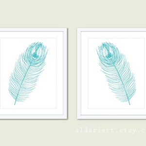 Peacock Feathers Art Prints - Set of 2 - Turquoise Aqua Blue - Tribal Boho Ethnic Wall Art - Peacock Decor