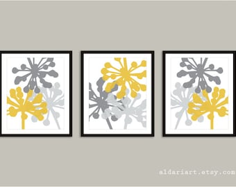 Modern Flower Art Prints, Abstract Flower Wall Art, English ivy flower prints, Set of 3 prints, Yellow and Gray Wall Decor,