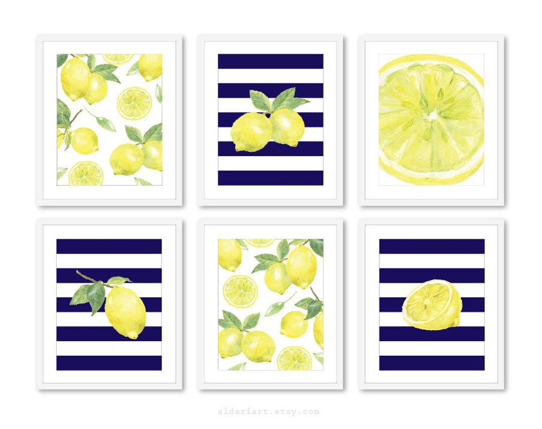 Lemon Wall Art, Lemon Art Prints, Set of 6, Fruit Art Prints, Kitchen