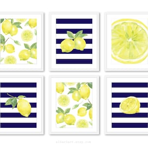 Lemon Wall Art, Lemon Art Prints, set of 6, fruit art prints, kitchen wall art, lemon decor, navy stripes and yellow, CHOOSE YOUR COLOR