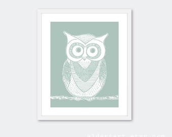 Owl Art Print - Owl Wall Art - Owl Decor - Nursery Owl Print - Seafoam Sage Green - Woodland Bird
