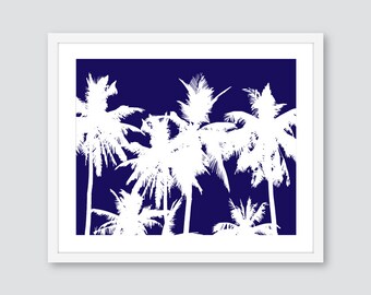 Palm Tree Art Print, Beach Wall Art, Tropical Island Decor, Beach House Decor, Modern Palm Tree Art, Silhouette Print, Navy and White