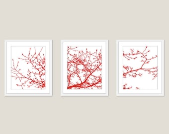 Magnolia Baum Zweige Kunstdrucke - Set von 3 - rot und weiß Zweige - rote Magnolia Baum Wandkunst - moderne Zweige Drucke - Aldari Kunst