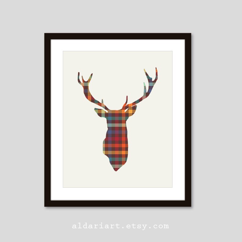 Deer Wall Art Animal Wall Decor Plaid Deer Art Print Rustic Etsy
