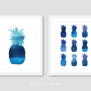 Pineapple Print, Pineapple Wall Art, Set of two prints, frames not included, blue wall art, tropical decor, pineapple decor, indigo decor