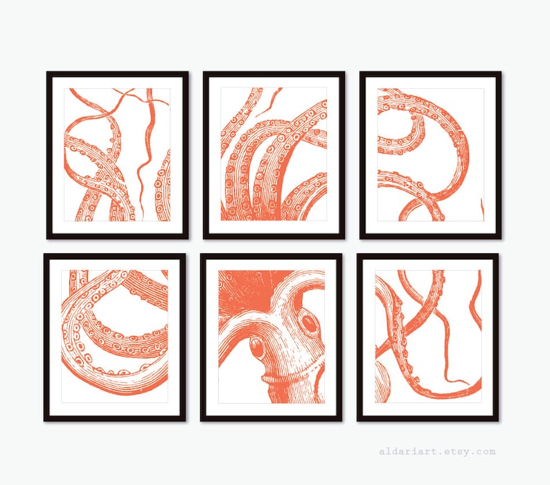 Octopus Art Set of 6 unframed prints Nautical Decor Octopus Wall Art Octopus Prints Nautical Wall Art